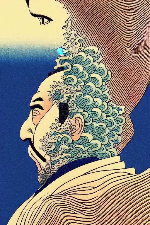Prompt: a vibrant ultraclear sideview waist up portrait of metalic hokusai by rene magritte, etching by gustave dore, by laurie greasley, colorful flat surreal, ethereal, intricate, sharp focus, illustration, highly detailed, digital painting, concept art, masterpiece