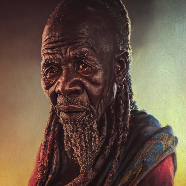 Image similar to a painting of a wise elder from Africa . dramatic angle, ethereal lights, details, smooth, sharp focus, illustration, realistic, cinematic, artstation, award winning, rgb , unreal engine, octane render, cinematic light, macro, depth of field, blur, red light and clouds from the back, highly detailed epic cinematic concept art CG render made in Maya, Blender and Photoshop, octane render, excellent composition, dynamic dramatic cinematic lighting, aesthetic, very inspirational, arthouse.