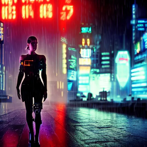 Prompt: jennifer connely as a cyborg in a cyberpunk movie in a distopic futuristic city in the style of bladerunner, movie still, highly detailed, rainy night, volumetric lights, dramatic, scifi