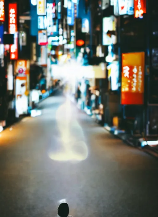 Prompt: symmetry!! a 2 8 mm photo from the back of a woman in tokyo, seen from a distance, long exposure, splash art, movie still, bokeh, canon 5 0 mm, cinematic lighting, dramatic, film, photography, golden hour, depth of field, award - winning, anamorphic lens flare, 8 k, hyper detailed, 3 5 mm film grain