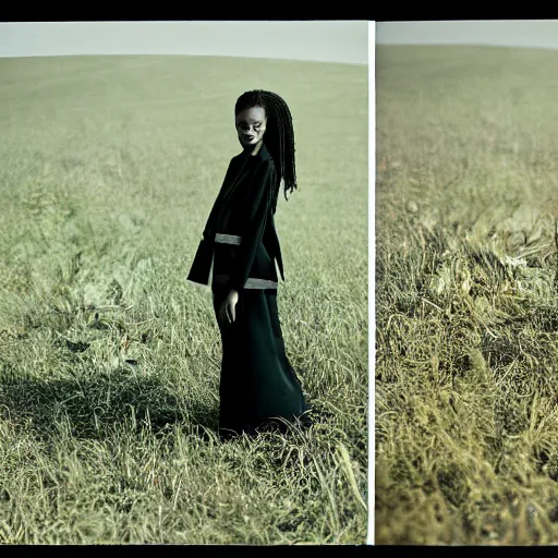 Image similar to realistic!!! photoshoot for a new dior lookbook, color film photography, portrait of a beautiful woman, location on a open field, in style of tyler mitchell, 35mm