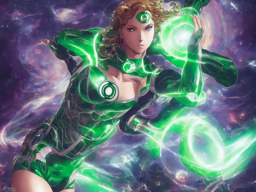 Image similar to anime key visual of one beautiful female green lantern, dc comics, power, hope, glowing, intricate, in space, stunning, highly detailed, digital painting, artstation, smooth, hard focus, illustration, art by artgerm and greg rutkowski and alphonse mucha