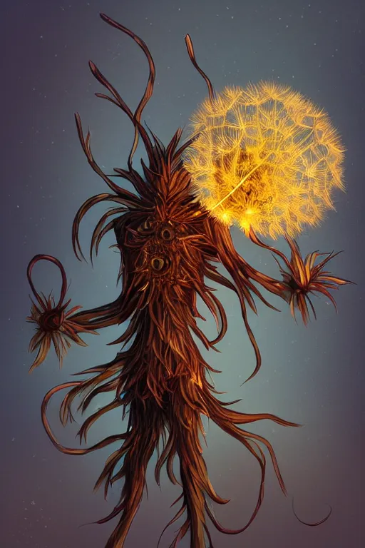 Image similar to a humanoid figure dandelion plant monster, amber eyes, highly detailed, digital art, sharp focus, ambient glow, trending on art station, anime art style