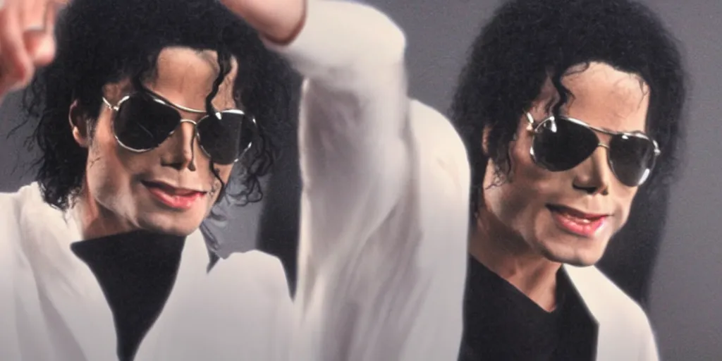 Image similar to michael jackson by himself 2 0 0 9 style wearing shades, studio dancing solo, this is it style, photo real, pores, motion blur, solo, by himself, heroic pose, real life, spotted, ultra realistic face, accurate, 4 k, movie still, uhd, sharp, detailed, cinematic, render, modern