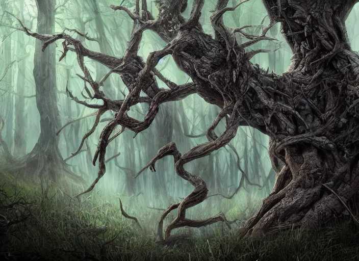 Prompt: A monster made of tree branches blending in with a tree in a forest, dark, digital art, fantasy art, detailed, matte painting