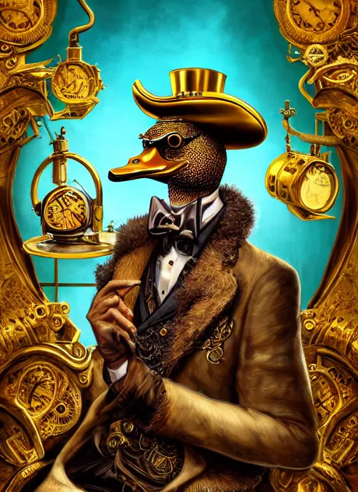 Image similar to athropomorphized rich duck capitalist sitting on pile of gold, wearing steampunk top hat, steampunk goggles, casting spell, concept art, insanely detailed and intricate, hypermaximalist, elegant, ornate, hyper realistic, super detailed, art deco, cinematic, trending on artstation, magic the gathering artwork