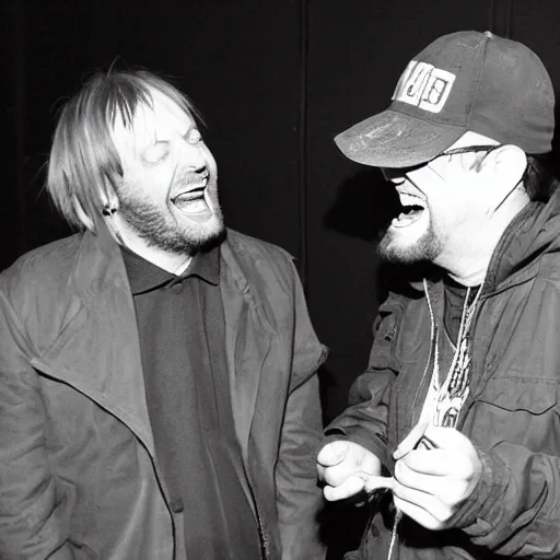 Image similar to Mark E Smith laughing at Fred Durst who is crying and screaming