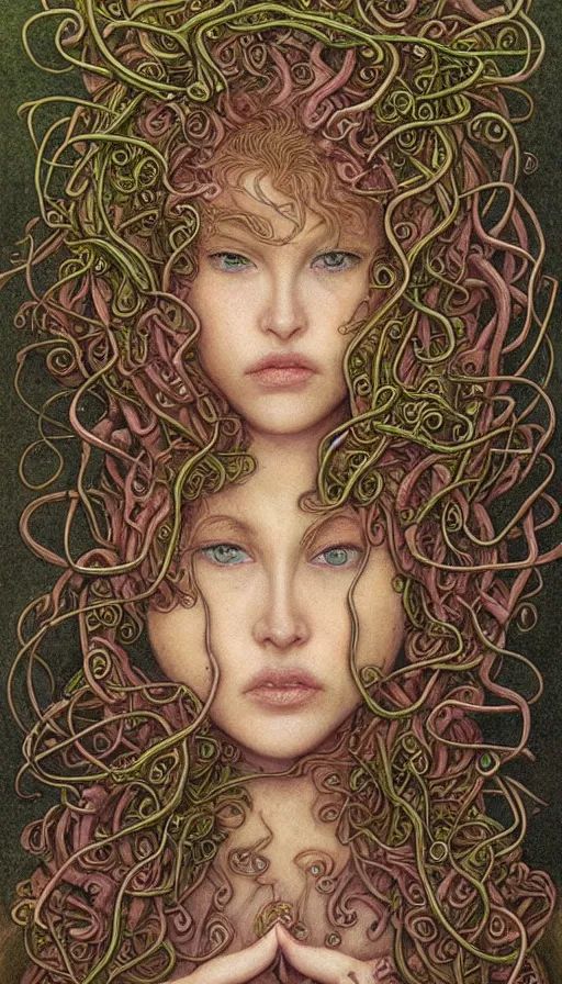 Image similar to very detailed portrait of a 2 0 years old girl surrounded by tentacles, the youg woman visage is blooming from fractal and vines, by brian froud