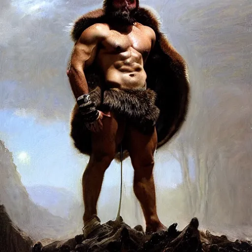Image similar to handsome portrait of a spartan guy bodybuilder posing, wearing animal fur cape, radiant light, caustics, by gaston bussiere, bayard wu, greg rutkowski, giger, maxim verehin