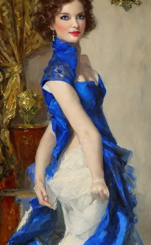 Prompt: Elegant laydy in blue Neoclassical. By Konstantin Razumov, highly detailded