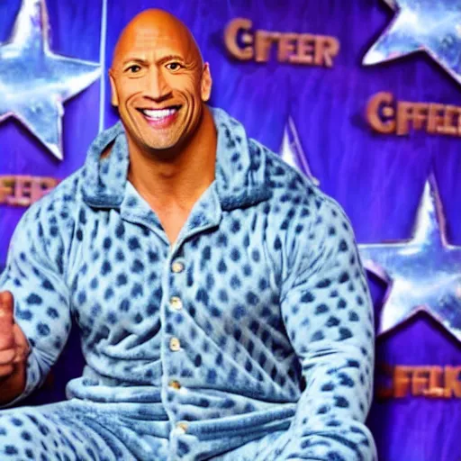 Image similar to dwayne the rock johnson, in blue onesie pajamas, holding an ak - 4 7.