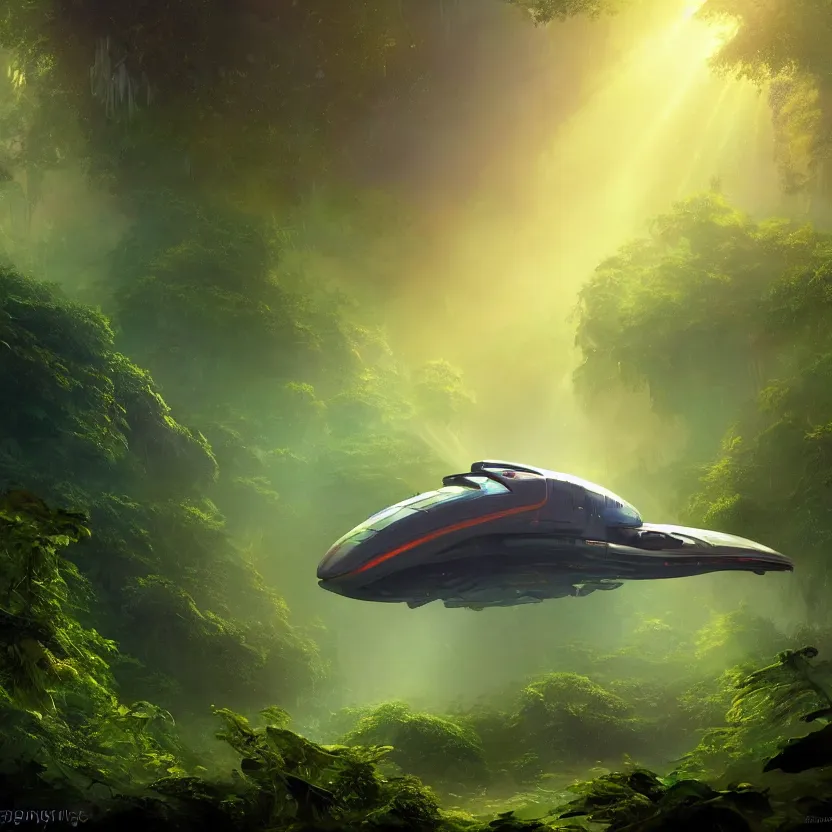 Prompt: a downed spaceship in a dense jungle, misty background, light rays, beautiful lighting, vivid colors, intricate, elegant, smooth, sharp focus, highly detailed digital painting, concept art, cinematic, unreal engine, 4 k wallpaper, trending on cgsociety, trending on artstation