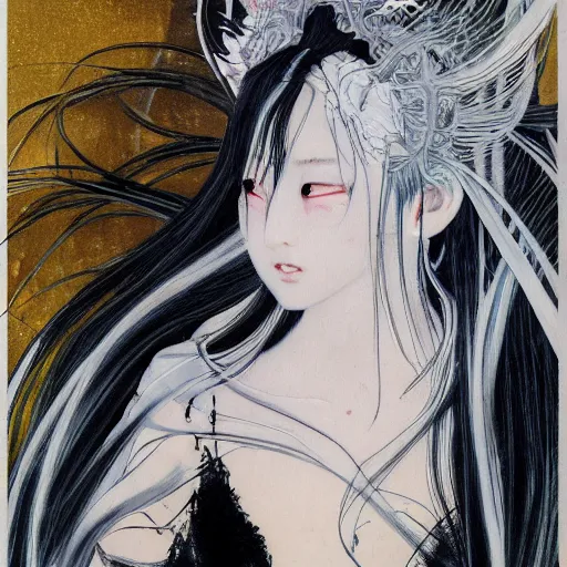 Image similar to yoshitaka amano blurred and dreamy realistic illustration of a japanese woman with black eyes, wavy white hair fluttering in the wind wearing elden ring armor with engraving, abstract patterns in the background, satoshi kon anime, noisy film grain effect, highly detailed, renaissance oil painting, weird portrait angle, blurred lost edges, three quarter view