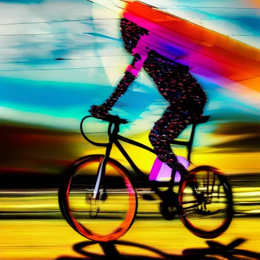 Prompt: a person riding a rocket-powered bicycle, hyper color styled photograph