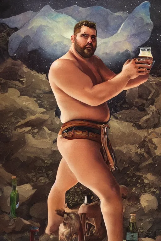 Prompt: a dramatic, epic, ethereal painting of a handsome! mischievous thicc shirtless cowboy with a beer belly wearing a large belt and offering food and whiskey | background is a late night campfire | tarot card, art deco, art nouveau | by Mark Maggiori | trending on artstation