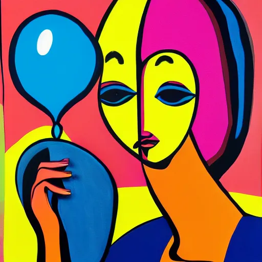 Prompt: a painting of a woman holding a blue balloon, a pop art painting by howard arkley, trending on behance, pop art, pop art, fauvism, acrylic art