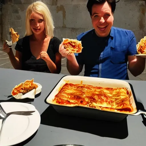 Image similar to a blonde woman & Michael mcintyre eating lasagne in Porto, greg rutkowski