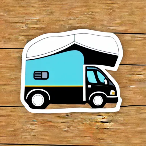 Image similar to a white and black cute thor chateau! motorhome camper!!, highway, colorful mountains and sunset!!, very happy, minimal vector sticker by tom whalen, sanja stikovic