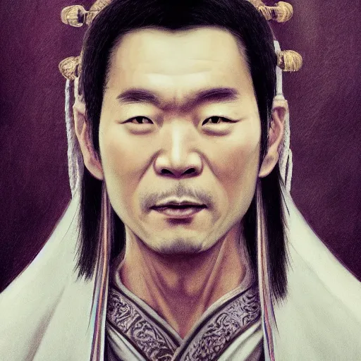 Prompt: portrait painting of a 3 5 - year - old chinese man, taoist priest, dressed in taoist robe, like andy lau, immortal bone, affable ， wenjun lin, unreal engine 5 highly rendered, global illumination, radiant light, detailed and intricate environment