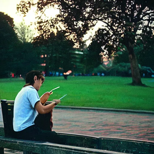 Image similar to 1 9 9 0 s candid 3 5 mm photo of a man sitting on a bench in a park writing in a notebook, cinematic lighting, cinematic look, golden hour, the clouds are epic and colorful with cinematic rays of light, photographed by petra collins, hyper realistic