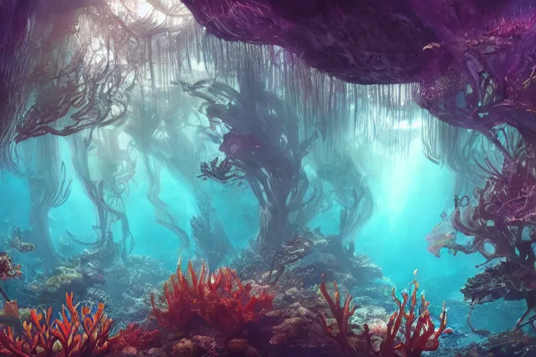 Prompt: Fantastical underwater forest by Eywind Earle, trending on artstation