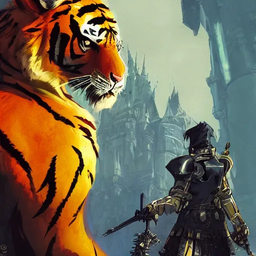 Prompt: highly stylized tiger paladin character by moebius standing in front of a castle, Gilles Beloeil, yoji shinkawa , character concept art, character modeling, science fiction, rich colors, wide angle, 35mm