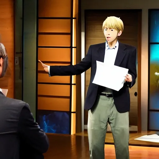 Image similar to a key anime character, doing a pitch, in Shark Tank (2016)