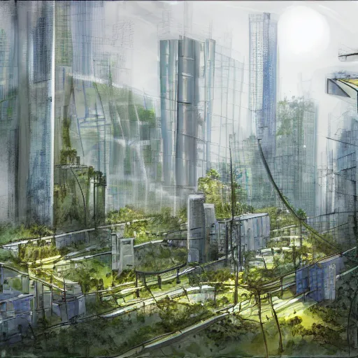 Prompt: a solarpunk cityscape in the forest, skyscrapers, redwoods, concept art, architectural concept diagram