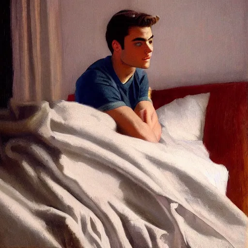 Image similar to Harold knight painting of zach efron posing in a studio wrapped in bed sheets,