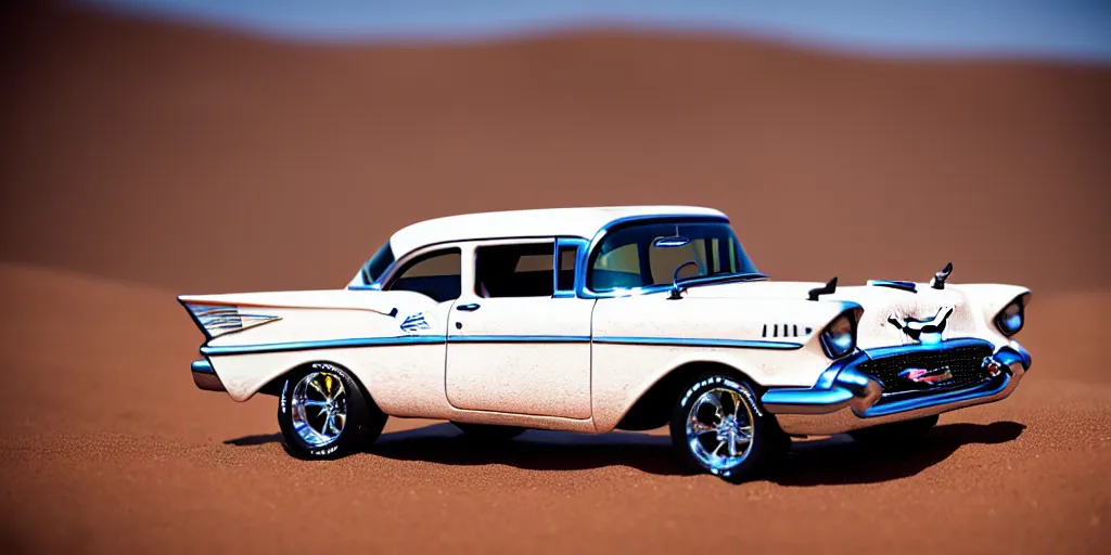 Image similar to Hot Wheels, 1957 Chevrolet Bel Air, trophy truck, cinematic, Maxxis, 8k, depth of field, mexican desert, bokeh, DAKAR.