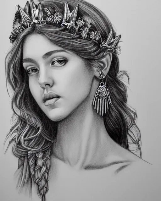 Image similar to pencil drawing of a beautiful greek goddess aphrodite wearing a laurel wreath and arrowhead earrings, beautiful confident eyes, beautiful flowing hair, hyper realistic face, in the style of artgerm, fantasy, amazing detail, epic, elegant, smooth, sharp focus, from the front, long shot