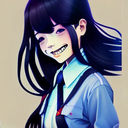 Image similar to urban school girl in shirt fanart, dark blue long hair, muted colors, matte print, pastel colors, ornate, digital art, cute smile, digital painting, fan art, elegant, pixiv, by Ilya Kuvshinov, by Studio Ghibli