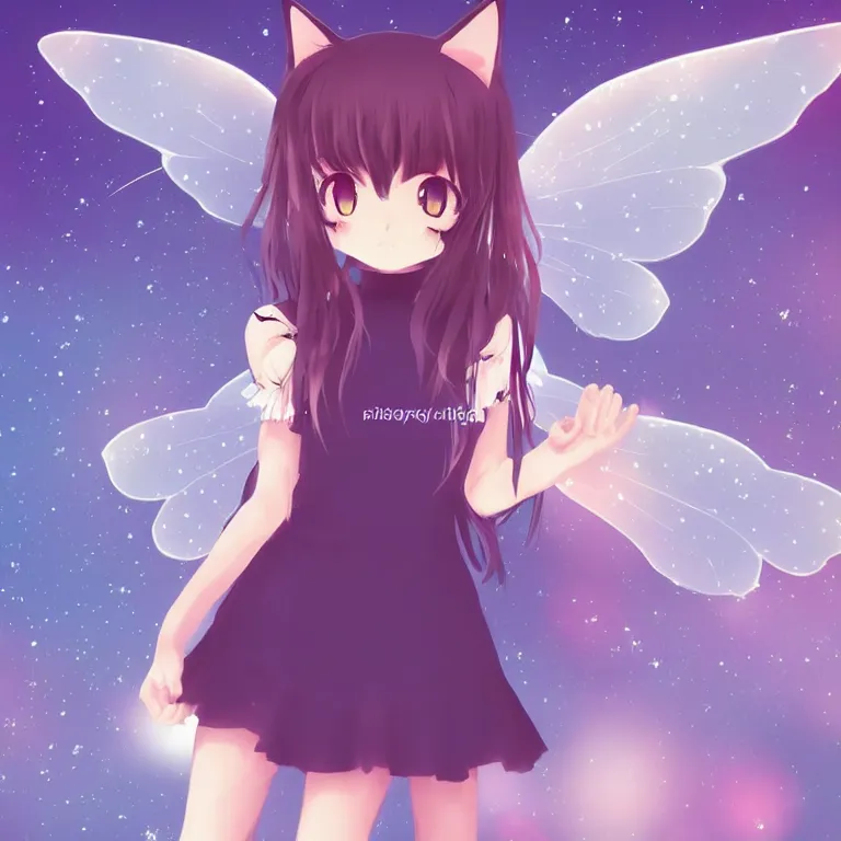 Image similar to cute, full body, female, anime style, a cat girl with fairy wings, large eyes, beautiful lighting, sharp focus, simple background, creative, heart effects, filters applied, illustration