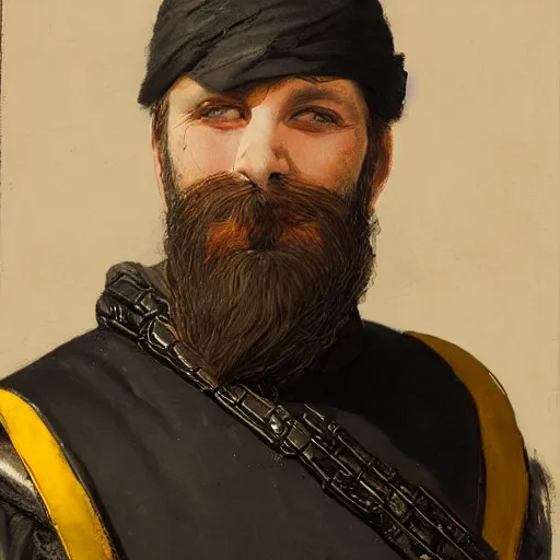 Prompt: Medium closeup shot frustrated and acerbic male bearded Imperial soldier wearing a {black and yellow tabard} over a steel breastplate and a black gambeson leaning over a table, by Raymond Swanland Greg Rutkowski Lise Deharm, {perfect face}, {perfect eyes}, {perfect body}, {hands planted on war table while standing},