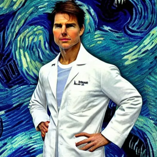 Image similar to Tom Cruise in white lab coat by Van Gogh