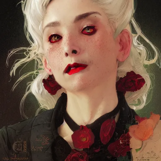 Image similar to portrait of a beautiful vampire by Stanley Artgerm Lau , greg rutkowski, thomas kindkade, alphonse mucha, loish, norman rockwell, J. C. Leyendecker. white hair, detailed eyes, red lips, framed, slight freckles. Trending on artstation rule of thirds detailed illustration hd 4k