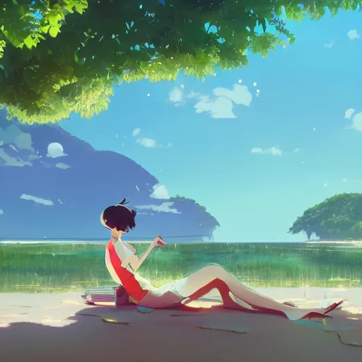 Image similar to enjoying the holidays in seychelles, detailed, cory loftis, james gilleard, atey ghailan, makoto shinkai, goro fujita, studio ghibli, rim light, exquisite lighting, clear focus, very coherent, plain background