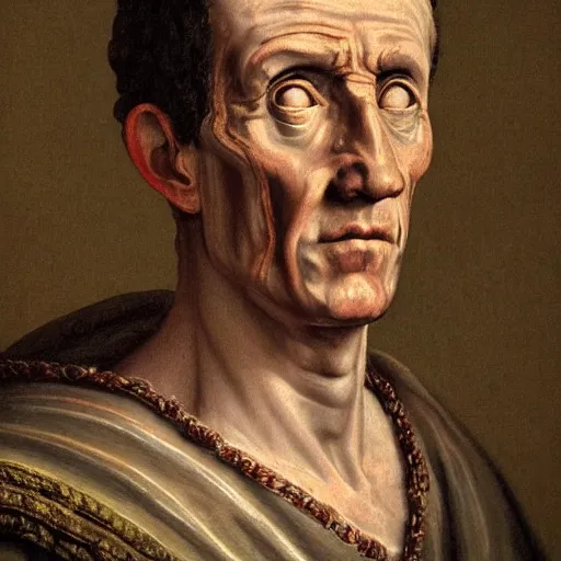 Image similar to A 17th century Baroque Painting of Julius Caesar, portrait of Julius Caesar, grainy, realistic, very realistic, hyperrealistic, highly detailed, very detailed, extremely detailed, very neat, very epic, very cool, detailed, trending on artstation