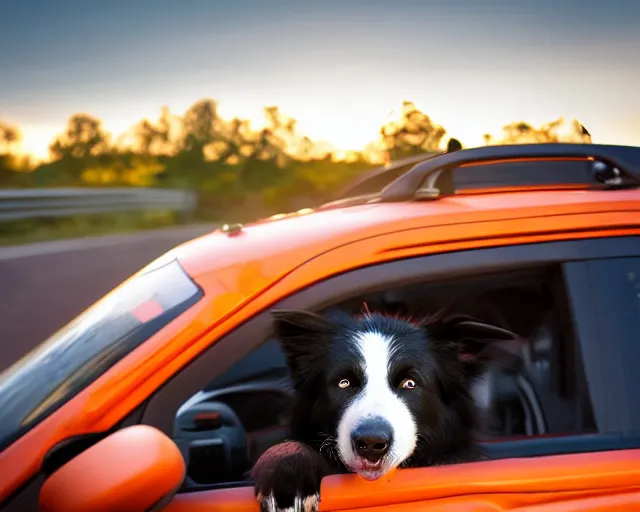 Prompt: border collie dog in the driver's seat of an orange nissan note, paws on wheel, car moving fast, rally driving photo, award winning photo, golden hour, front of car angle, extreme horizontal blur, 3 0 0 mm lens