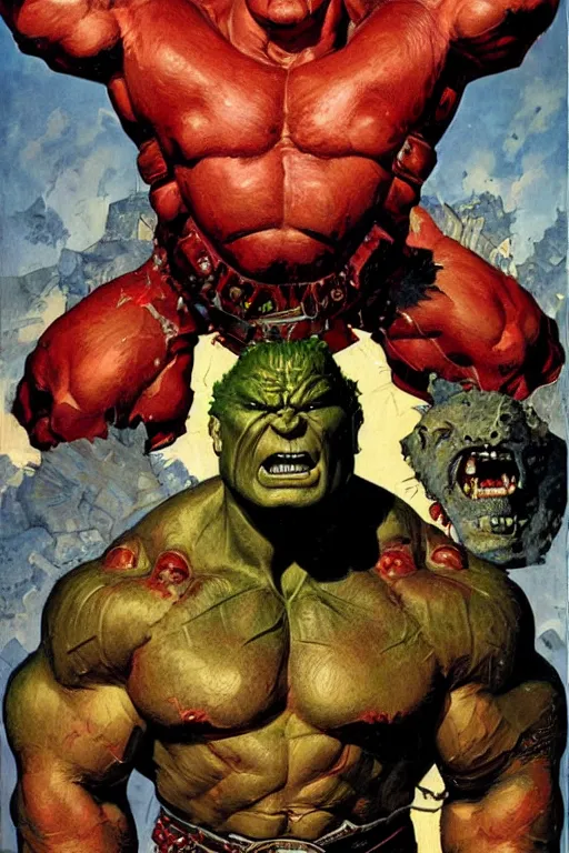 Prompt: upper body and head portrait of hulking brock lesnar as marvel demon wearing cape and armour, norman rockwell, tom lovell, alex malveda, jack kirby, greg staples