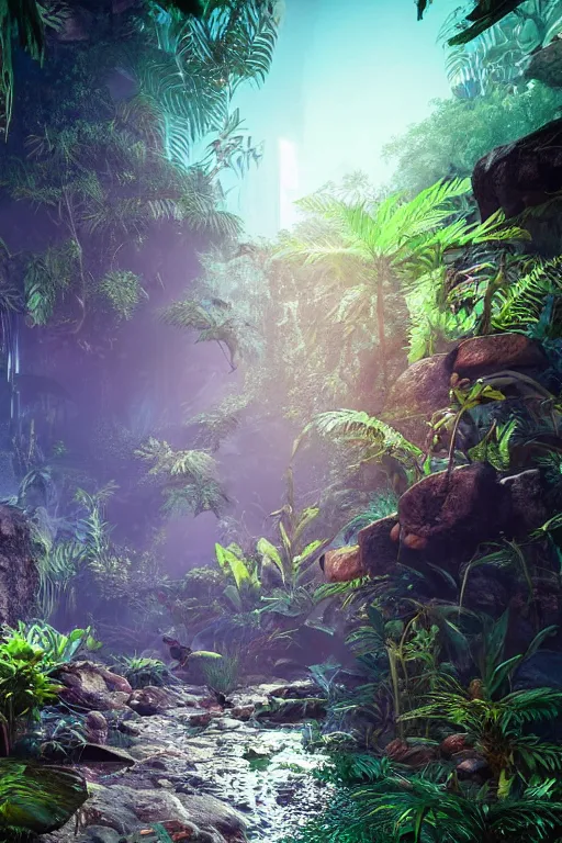Image similar to Amazonian neon jungle at night with rocks and water puddle on the floor and exotic animals hidden in the foliages, unreal 5, hyperrealistic, realistic, photorealistic, dynamic lighting, highly detailed, cinematic landscape, studio landscape, studio lighting