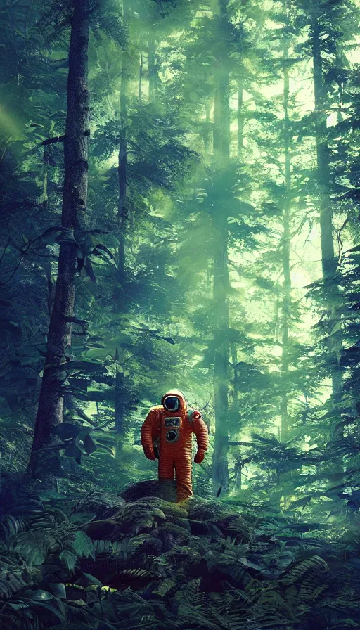 Image similar to american astronaut in the forest in orange and teal suite, plants environment wide angle cinematic lighting atmospheric realistic octane render highly detailed, octane render, in the style of craig mullins