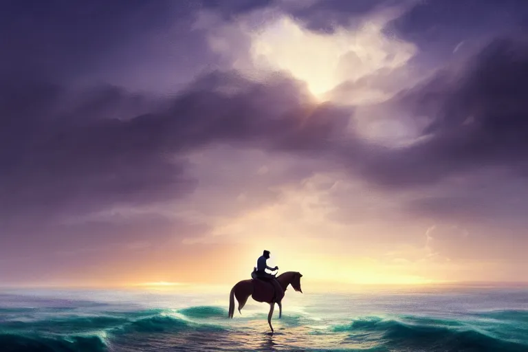 Image similar to photo of man riding a horse along the beach, glowing underwater waves toward a lighthouse in the distance guiding his way, silhouette, wide horizon, large white clouds, night, intricate, elegant, highly detailed, digital painting, artstation, concept art, smooth, sharp focus, illustration, art by artgerm and greg rutkowski and fra angelico