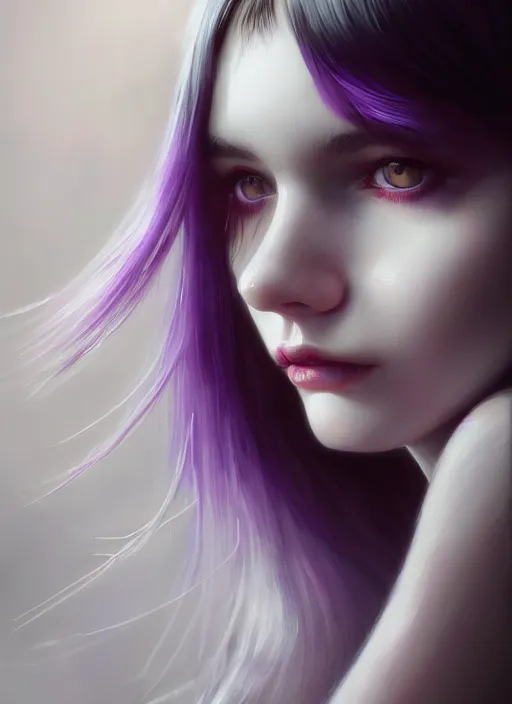 Image similar to portrait of teenage girl, red irises, bangs, black and white hair, white bangs, purple clothes, white bangs, bangs, black hair and white bangs, intricate, elegant, glowing lights, highly detailed, digital painting, artstation, concept art, smooth, sharp focus, illustration, art by wlop, mars ravelo and greg rutkowski