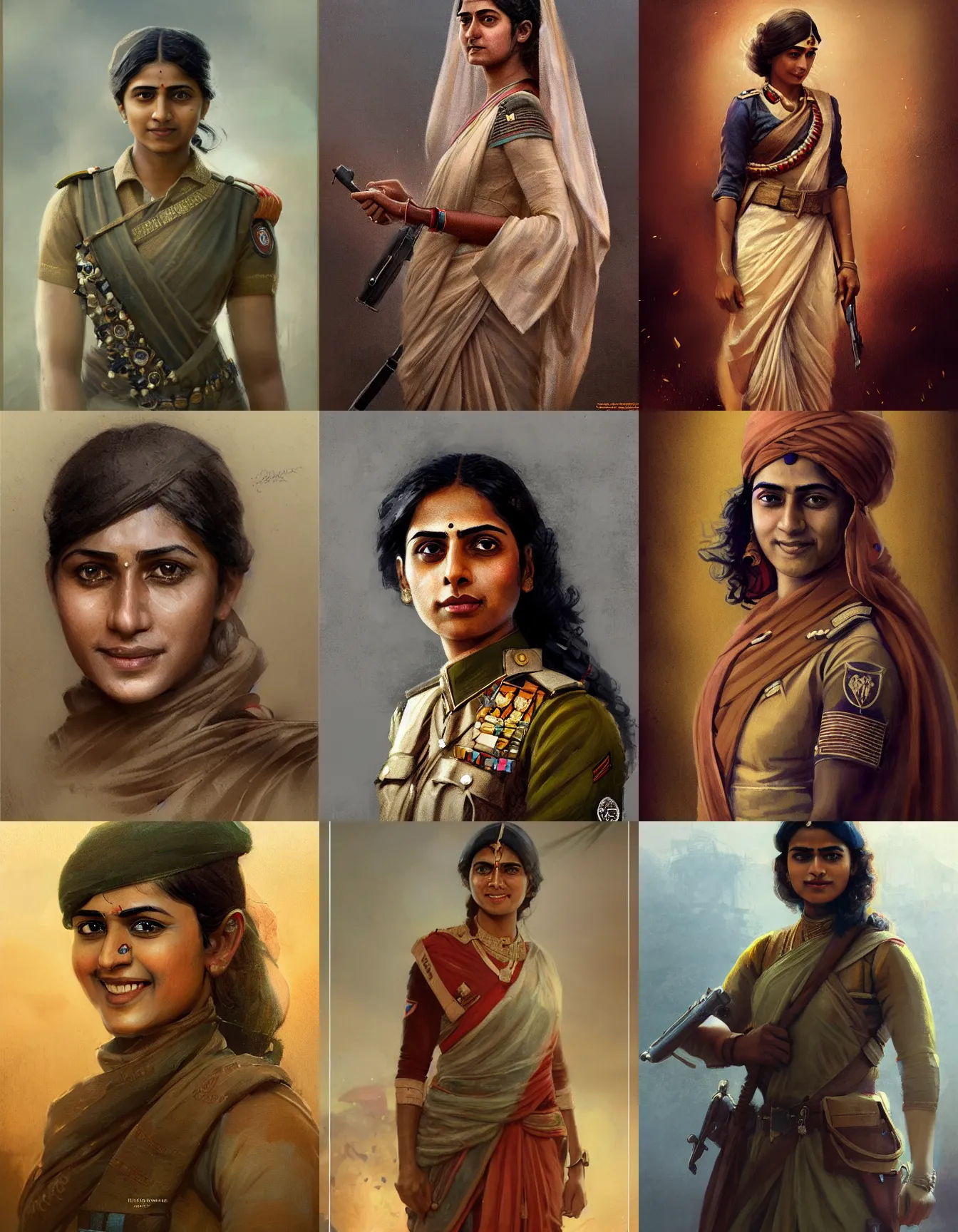 Prompt: young indian woman ww 1 officer, wearing a sari, strong, muscular, smiling, digital portrait by greg rutkowski, intricate, soft focus, highly detailed, cinematic, epic, artstation