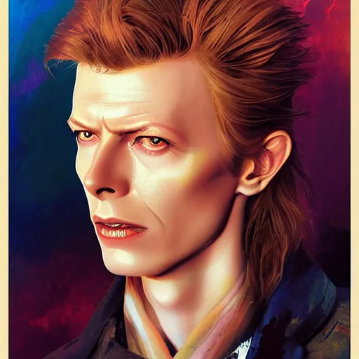 Image similar to young David Bowie, artists portrait, fantasy, highly detailed, digital painting, Abstract colours, concept art, sharp focus, depth of field blur, illustration, art by artgerm and greg rutkowski and alphonse mucha