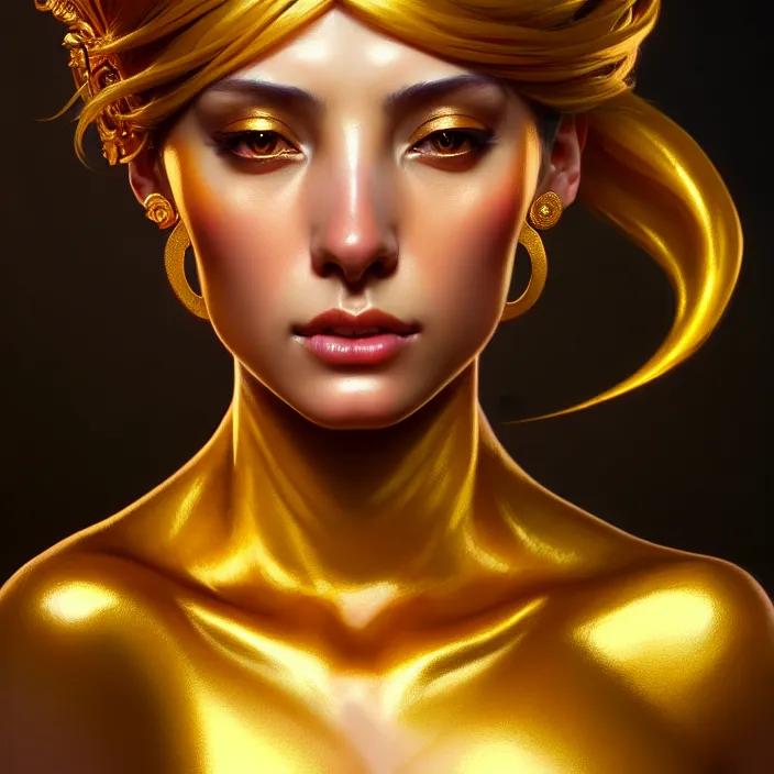 Prompt: beautiful digital painting of a goddes stylish female with high detail, real life skin, gold colors, 8 k, stunning detail, works by artgerm, greg rutkowski and alphonse mucha, unreal engine 5, 4 k uhd