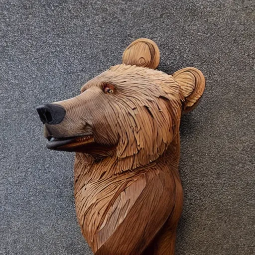 Prompt: wooden sculpture detailed and full body of a bear, hyper realistic, greg rutkowski, trending at artstation