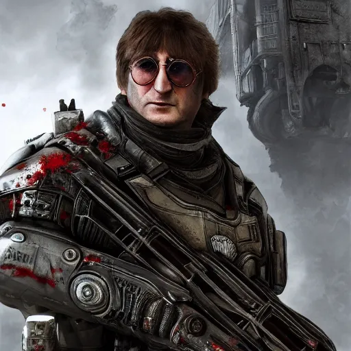 Image similar to john lennon in gears of war, covered in blood, ultra realistic, concept art, intricate details, highly detailed, photorealistic, octane render, 8 k, unreal engine, art by frank frazetta, simon bisley, brom