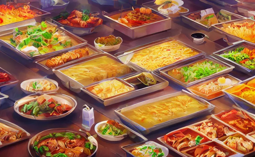 Image similar to rows of food at a Chinese buffet, anime scene by Makoto Shinkai, digital art, 4k